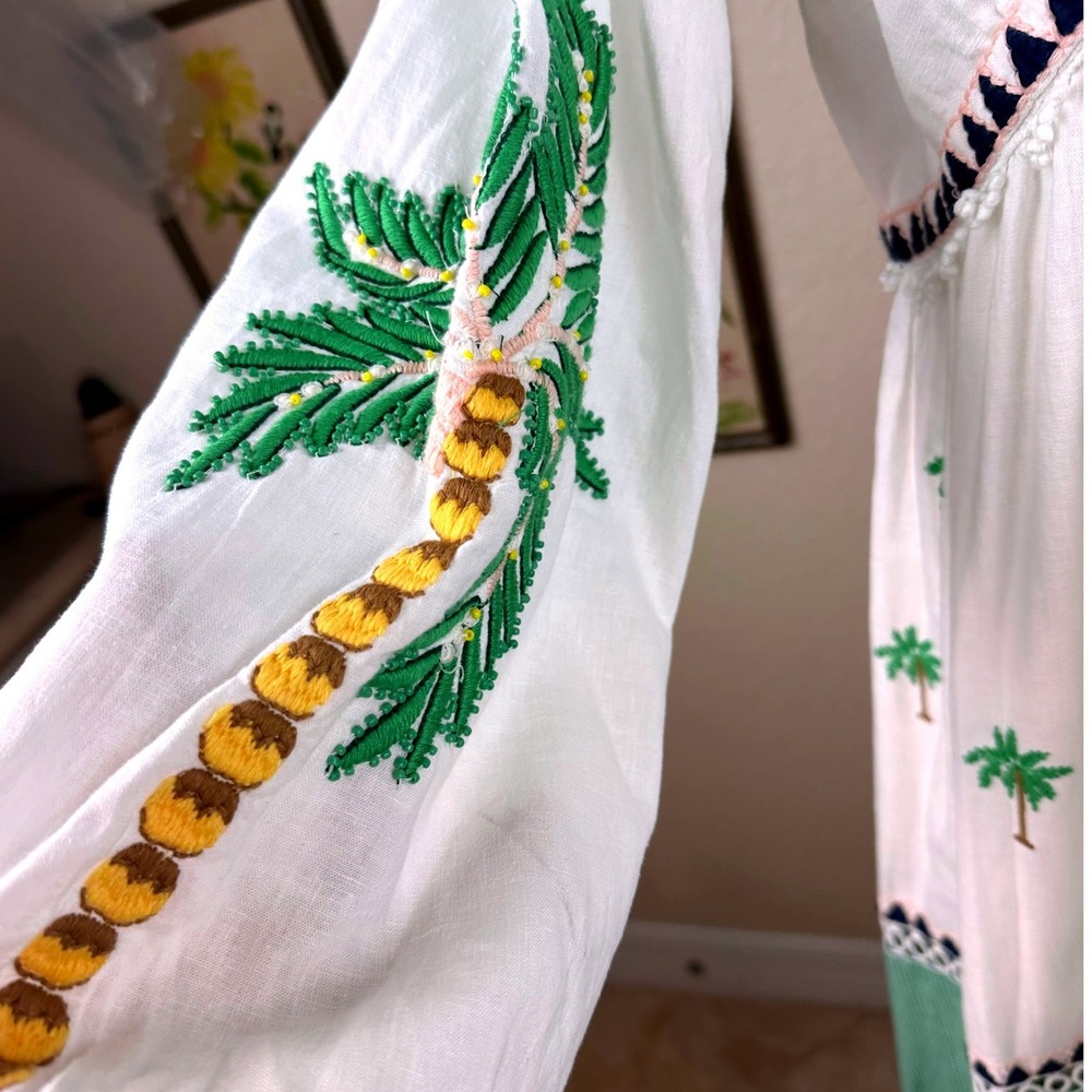 Farm Rio Palm Tree NWT Embroidered Maxi Dress L White Green Gingham Boho Linen - Picture 14 of 16